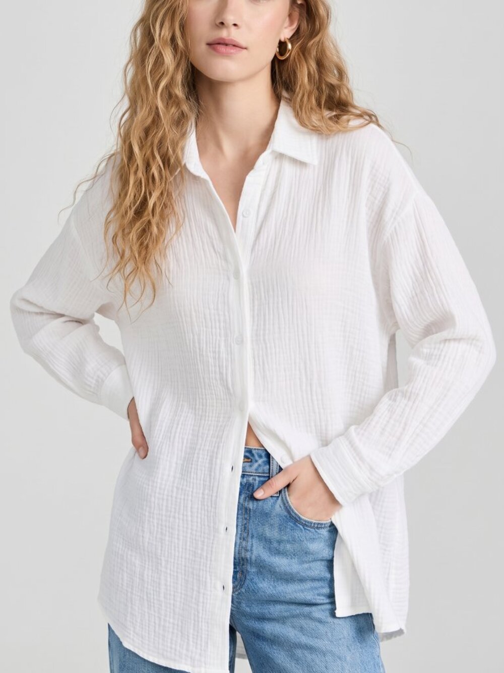Women Lightweight White Cotton Shirt Casual Long Sleeve Loose Fit Blouse